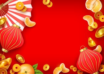 Happy Chinese New Year Concept Card Background with Symbols of Celebration Hand Fan and Lantern. Vector illustration of Traditional Lunar Holiday