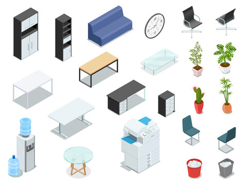 Office interior objects such as furniture, indoor plants and equipment as multifunction printer and water cooler
