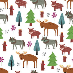 Seamless children pattern moose boar wolf. Naive Digital paper, wallpaper for nursery room, baby textile fabric. Baby Shower hand drawn doodle vector design