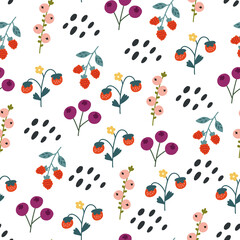 Seamless children pattern forest berries. Naive Digital paper, wallpaper for nursery room, baby textile fabric. Baby Shower hand drawn doodle vector design