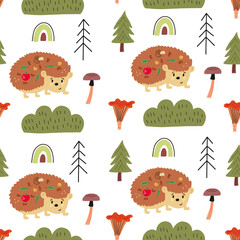 Seamless children pattern forest hedgehog. Naive Digital paper, wallpaper for nursery room, baby textile fabric. Baby Shower hand drawn doodle vector design