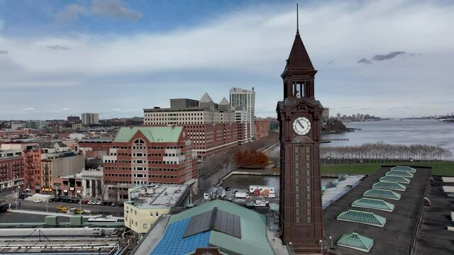 flying right view of Lackawanna tower and Hoboken NJ