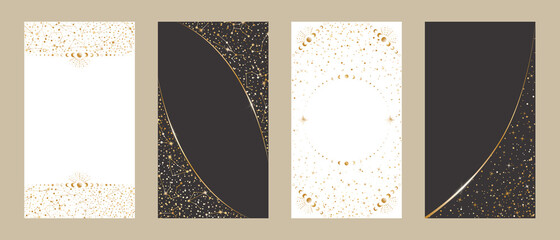 Celestial card templates for stories and web banners with a copy space. Festive vector backgrounds set. Four elegant shiny golden frames with stars, constellations, crescents and place for text