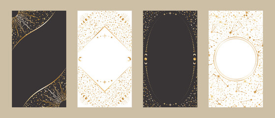 Celestial card templates for stories and web banners with a copy space. Festive vector backgrounds set. Four elegant shiny golden frames with stars, constellations, crescents and place for text