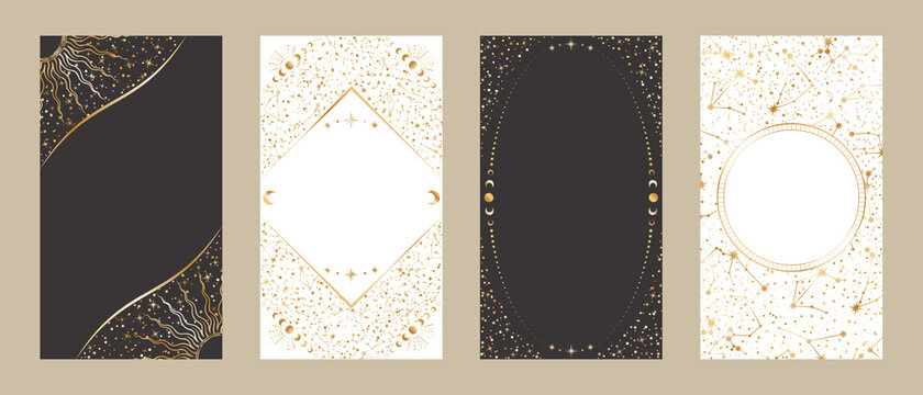 Celestial card templates for stories and web banners with a copy space. Festive vector backgrounds set. Four elegant shiny golden frames with stars, constellations, crescents and place for text