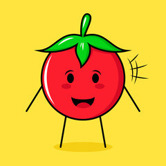 cute tomato character with happy expression and mouth open. green, red and yellow. suitable for emoticon, logo, mascot
