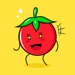 cute tomato character with happy expression, mouth open and sparkling eyes. green, red and yellow. suitable for emoticon, logo, mascot