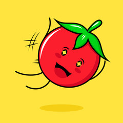 Obraz premium cute tomato character with happy expression, jump fly, mouth open and sparkling eyes. green, red and yellow. suitable for emoticon, logo, mascot