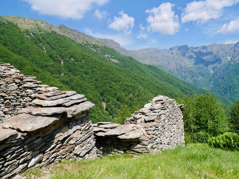 Traditional stone cottage at Cima Sasso in Val Grande, national park in Piedmont, Italy.