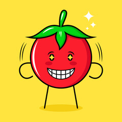 cute tomato character with happy expression, sparkling eyes and smiling. green, red and yellow. suitable for emoticon, logo, mascot