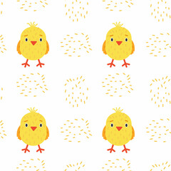 Seamless pattern with cute little yellow chicks. Repetable print of baby chicken birds. Vector illustration.