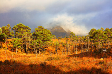 Mountain Sgorr a Chadail poking through the clouds in the Scottish Highlands. Torridon, Scotland, UK.