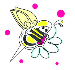 One line drawing of bee.
One continuous line drawing of bee and ping flowers.
