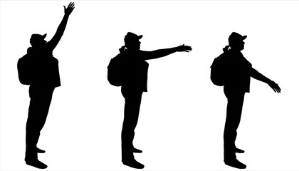 The woman raises hand up, higher and higher. Three female silhouettes stand one after the other in one line. Black silhouette isolated on white. Woman in a cap with a backpack on her back. Side view.	