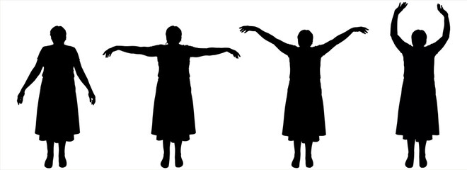 Dance lesson, ballet. Dance teacher in a skirt. A group of women stands straight and move their arms: up, down, to the sides. Front view. Black female silhouettes are isolated on a white background