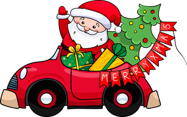 santa claus rides a red car with gifts
