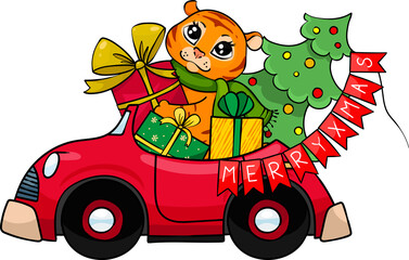 A cute little tiger drives a red car and carries a Christmas tree with gifts. New Year clipart.