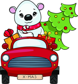 Polar Bear Rides In A Red Car With Gifts And A Christmas Tree