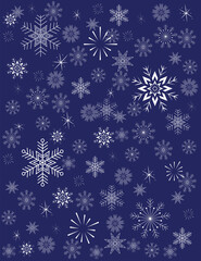christmas card blue background with white snowflakes of different sizes