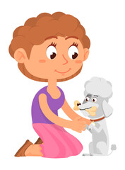 Boy playing with dog. Cute poodle and kid in cartoon style