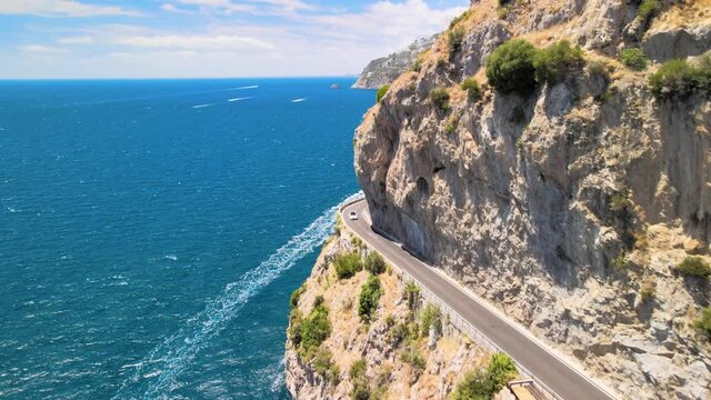 Amazing aerial view of beautiful Amalfi Coast in summer season, Italy. Drone viewpoint