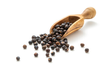 Dry juniper berries in wooden scoop