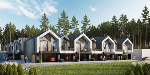 3d render of modern private townhouses in the city