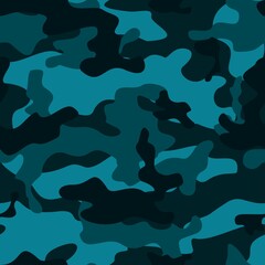 
Blue dark camo background, army uniform texture, vector endless pattern. Disguise