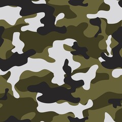 Green camo pattern, military khaki background, vector texture, repeat background. Disguise - obrazy, fototapety, plakaty