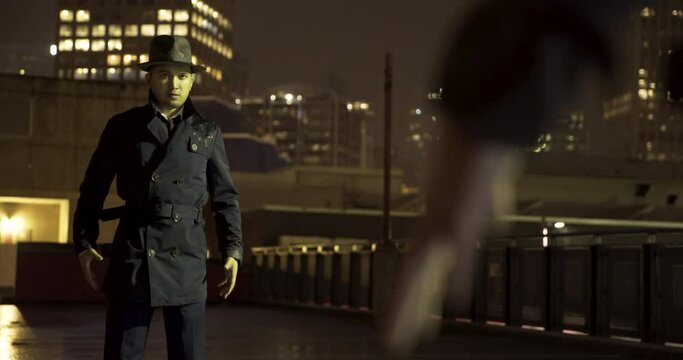 Noir film detectives wearing a fedora standing under street lights getting ready for a duel fight at night