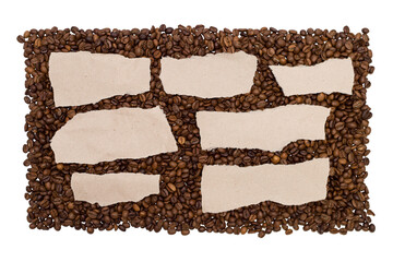 A template with space to copy - coffee beans and pieces of paper.