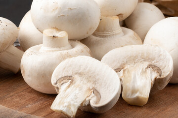 Selective focus on champignon mushrooms.