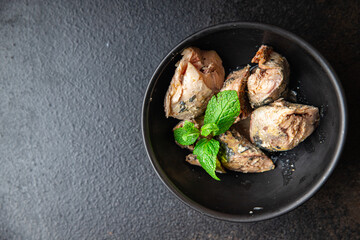 mackerel canned fish seafood meal snack copy space food background rustic pescetarian diet