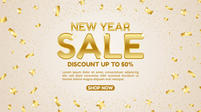 New year sale banner with gold text and glitter confetti