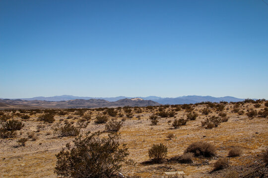 Blick in die Wüste in Nevada. Viel Sand, Berge und wenig Vegetation.