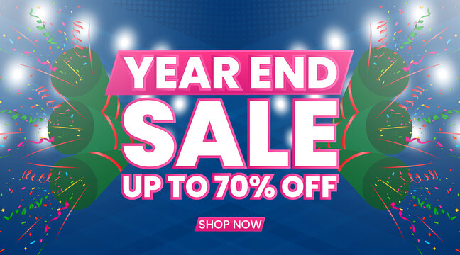 Year end sale banner with confetti and spotlights