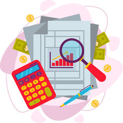 Documents with a report, a magnifying glass, a calculator, money. Financial audit, accounting, data analysis, report, research.