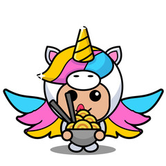 vector cartoon character cute lovely unicorn animal mascot costume eating noodles