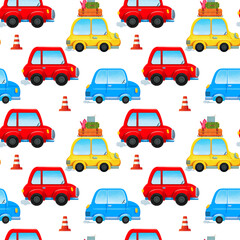 Seamless pattern with funny cartoon multicolored cars. Illustration in children's style, drawing by hands. Transport in yellow, red and blue. Children's print for print design