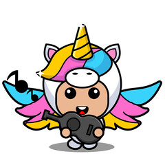 vector cartoon character cute lovely unicorn animal mascot costume holding guitar musical instrument