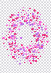 Fond Heart Background Transparent Vector. Abstract Illustration Confetti. Tender Decor Pattern. Pink Heart Falling Backdrop. Violet Wedding Frame.