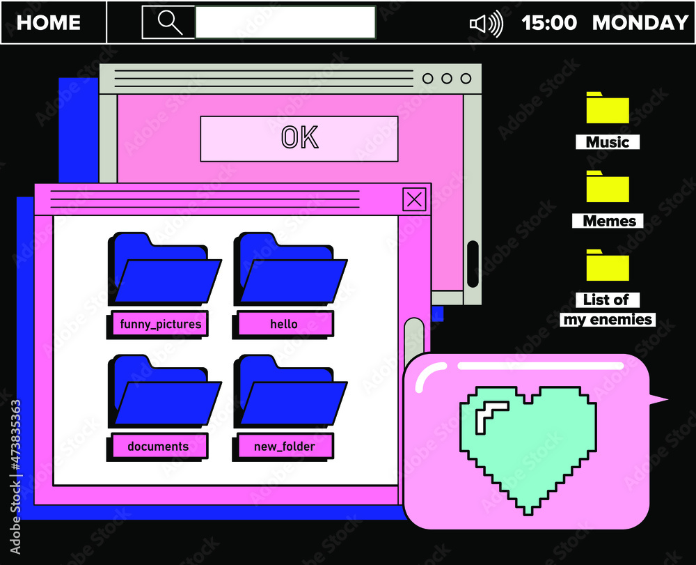 Aufkleber Retrowave style operating system with message boxes and folders. Vaporwave style vector illustration.