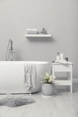 Obraz na płótnie Canvas White tub and beautiful plant in bathroom, Interior design