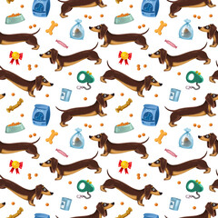 Cute cartoon dachshund dogs, leash, poop and pet grooming. Seamless pattern with a dog on a white background. Childrens funny illustrations, drawing by hand. Newborn print, print design, for clothes
