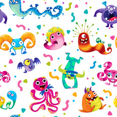 Monsters and colorful aliens, Seamless pattern on a white background. Cheerful childrens multicolored illustration with cute funny and childish characters in cartoon style, hand drawing.
