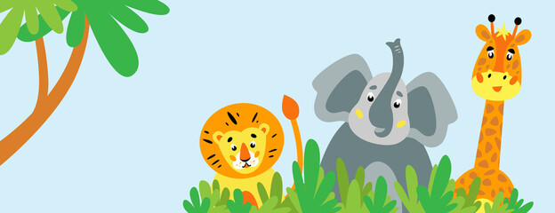 Kid's banner with lion, elephant and giraffe. Web banner or wallpaper. Cartoon illustration with cute wild animals
