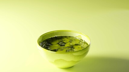 Bol de soupe vert sur fond vert.