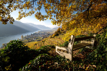 Beautiful autumn landscape with colorful grapevines, viewpoint over the beautiful village of...