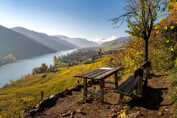 Beautiful autumn landscape with colorful grapevines, viewpoint over the beautiful village of...