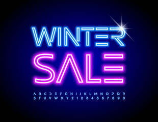 Vector Bright Neon Poster Winter Sale.  Glowing Blue Font. Elegant Alphabet Letters and Numbers.